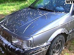 These teen sluts decided to go into the woods for some camping. They then noticed how dirty their car is, took off clothes and started washing it in a real seductive way.