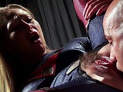 Long haired blonde Carter Cruise in crotchless supergirl costume gets her trimmed pussy tongue fucked by hot bald guys in outstanding Batmans XXX parody. Shes super horny!