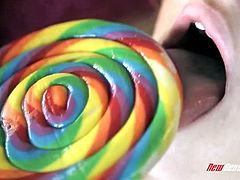 Lovely teen girl Tracey Sweet gets fucked in sideways pose when sucking candy