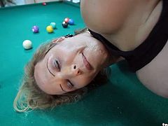 Horny shemale toys with her asshole and jerks off on a pool table