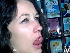 Another young couple are requesting sex couseling of our dearest professional Meli Deluxe. She and the young girl are both fucked hard and cummed on in a public book store.