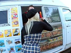 Blonde hottie in a beret fucks the ice cream man in his truck