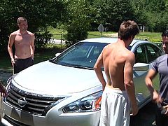 The brunette guy wearing a blue t-shirt, has gathered his crew to have fun. After the naughty boys finish washing his car, they can start sucking his cock. See the four horny men, aligned on the comfy sofa. Enjoy the spicy details!