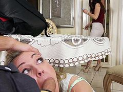 Sex hungry experienced MILF catches her cute step-daughter Cali Sparks sucking her boyfriends dick. She turns their love session into threesome and then it comes to deep hard pussy slamming.