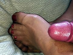 Nylon Feet Reinforced Toes Polished Nails Cum On Feet