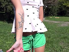 Cute chick next door Tina Walker with sexy slim legs shows her small tits outdoors for money and then takes off her panties to earn more cash. Cock sucking on camera will be the next thing for her to do.