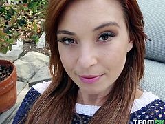 Her red hair blowing in the wind, this naughty amateur babe looks simply gorgeous in the warm day light! Slutty Kaylee expresses her wish to taste cock and get undressed. Watch her sucking dick with fervor and taking on her sweater, as she grows more excited.