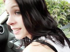 Young pale skinned brunette Anne Lee in sexy red and white stockings is ready to be sexually used right in a car. This tattooed girl cant wait to take dick in her hot teen mouth.