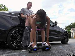 Dark haired sexy Luna Star with huge tits and big ass gets her shaved pussy fluked from behind beside a car in public place. She is totally naked and has fun! Busty Luna Star is dangerously sexy!