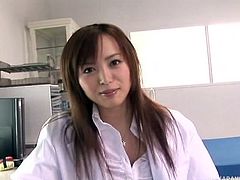 This hot Japanese nurse loves to watch guys jack off. This patient has come in to see, if she can help him feel better, so she lets him wank in front of her, while she rubs her sensitive nipples and shows off her sexy panties.