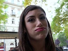 Spanish girl next door Julia Roca with beautiful smile bares her small tits in front of a guy in public place. She touches her sexy tiny breasts and then asks for more. Very nice girl!