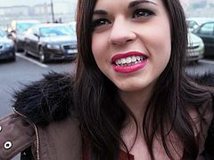 Sweet brunette Nekane in tight fit jeans flashes her lovely pussy in the street and bares her big titties in front of the camera. Shameless girl turns him on. She cant wait to fuck that chick.