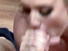 Cute blonde babe AJ Applegate with big ass gets her pink pussy licked and her hot mouth fucked in the middle of the room. They have oral fun and then he sticks his rod in her vagina doggy style.