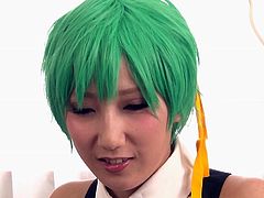 green haired cosplay chick has a firm grip