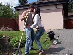 My and my hot girlfriend have no shame. We are out in the front yard, doing some yard work. Suddenly we got the urge to have some nasty sex. The sight of her in this tight jeans turned me on. She bent over and sucked me off outdoors. She is such a bad girl to do that out in the open.