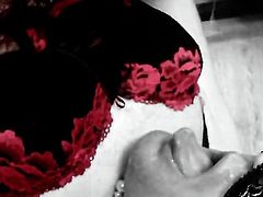 Self Cum in Mouth in Red & Black Corset