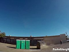 Porta Gloryhole Woman Undresses in Public Porta Potty