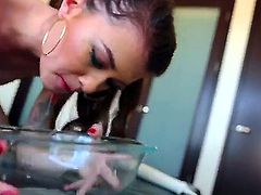 Misha Cross is a brunette with tattoos that is giving a very sloppy blow job. She is also drinking some cum from a bowl. She needs it like drugs.