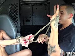 Ashley is stuck out in the middle of nowhere, since her car decided to break down on her. She gets a ride with this guy in a van, which is already kind of creepy. He wants to tie her hands together and fuck her. She's a little scared, but she lets him have it.