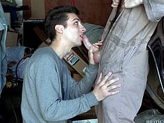 As they work on the car, Roman and Spencer start noticing that every time they do this, they start having sex. Roman gives Spencer a nice blowjob, before he becomes the recipient of passion in the bedroom.