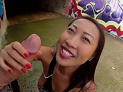 Sharon Lee is a hot Asian chick that is feeling daring today. We ask her to do anal in public, and she agreed. She pulled down her pants and after being licked got an anal gangbang.