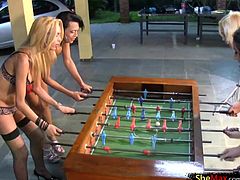 Four trannies enjoyed their table football game and after spending enough time on cock blowing, balls wetting and wet ass exploration, it was time for some serious and extreme anal fucking...