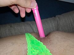Using anal vibrator to stimulate the prostate in thong!