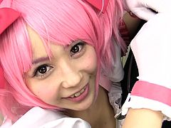 Ruka is a cosplay cutie in her pink wig and sexy anime maid outfit. The cute babe wraps her gloved hands on her man's cock and strokes off his tiny willy, until he drips pre-cum on her. The cosplay queen earned that load with her mouth.