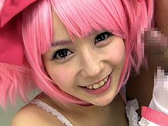 Ruka is a cosplay cutie in her pink wig and sexy anime maid outfit. The cute babe wraps her gloved hands on her man's cock and strokes off his tiny willy, until he drips pre-cum on her. The cosplay queen earned that load with her mouth.