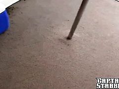 Brunette Captain with round butt and bald snatch spends her sexual energy with throbbing snake in her mouth