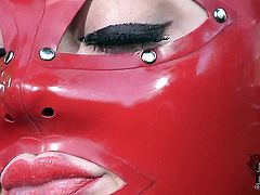 Milf Latex Lucy with huge breasts and hairless twat is too horny to stop playing with herself