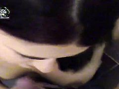 Brunette finds man handsome and takes his hard tool in her mouth