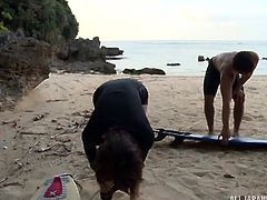 After a long day surfing, we found a secluded area of the beach, to get naughty and fuck. I helped her get undressed and played with her boobs in the sand and she loved it. I slid my hands down to her thighs and made her so wet.