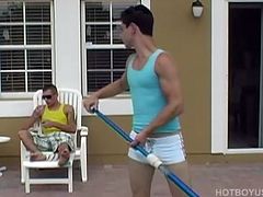 Jake is a cute pool boy, who is busy at his work when Eric comes outside for a smoke. Once these two horny boys make eye contact theres no stopping their thirst for hot sex and it starts with Eric getting a blow job poolside. Eric takes Jake up to the bedroom and fucks his tight little ass all over that bed. By the time these two are done theres fresh cum splattered from navel to nipple of one very satisfied pool boy.