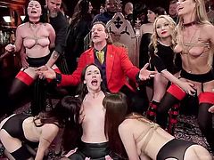 This is a birthday party of this guy in silk red gown in the middle. And all those sluts he received as a present for himself. Seems, it's gonna be a hot orgy. Let's start this crazy party!
