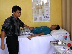 Asian twink Arjo needs a doctor and Dr. Vahn responds. The kinky doctor gets right to work on diagnosing the injury and administer medical aid. Doctor Vahn performs mouth to cock resuscitation to get the cute Asian boys pain under control. Additionally, Dr. Vahn decides to give the injured young man an enema with cold milk to reduce any internal swelling. With no lubricant on hand Dr. Vahn decides to lubricate Arjos ass with his tongue. After Arjo has finished squirting the milk from his ass,