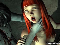 Stunning 3D cartoon redhead honey fully enjoying getting choked while getting fucked hard by a horny zombie