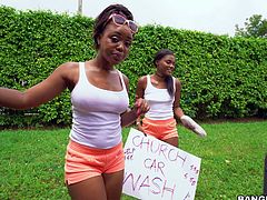 These busty ebony babes were staying on the roadside, looking for the opportunity to earn some money. They offered me a car wash, but I proposed them another deal. My car was neat, but my dusty dick needed some cleaning... Watch them sucking my long cock and balls. Have fun and relax!