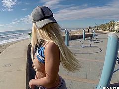 Blondie seems very excited, when a horny guy plays with her big boobs and wants more... Click to watch this frivolous busty babe, sucking dick, in public, on the sandy beach. She's a friendly amusing bitch, ready to get dirty!