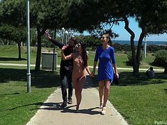 A bright and sunny day, perfect for a walk. Tina is out for a walk herself, at the direction of Steve and Alexa. They walk her naked through a park, searching for some dicks that she can service.