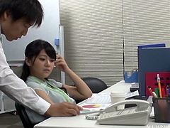 Delicious Japanese office worker getting stuffed on the table