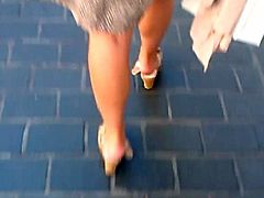 candid brunette heelpop when walking open fake mules