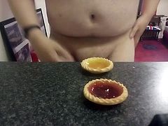 WANK AND CUM ONTO JAM TART!!!