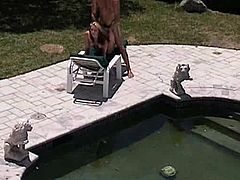 Cowgirl long hair getting pulled while ravished at the pool