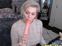 Watch this gorgeous babe with huge hooters and awesome curves as she gets horny and fucked her pussy using her sex toy She teased her viewers by getting a pink toy ice pop and suck it like a real cock Then she reveals her big hooters for their viewers online After that she lay down and zoomed the cam on her vag giving them the perfect view as she rub it with her finger Then she grab a toy dildo and begins to suck it so passionately