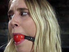 This hot blonde babe, Cadence Lux, gets deeply fingered, while hanging in the middle of a dark dungeon, tightly bound with tough ropes. The master attached the metal clamps to her sensitive nipples and...