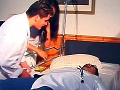Sizzling brunette chick wearing a nurse uniform is having fun with some guy in a hospital ward. She lets the dude lick her twat and then kneels in front of him and sucks his cock.