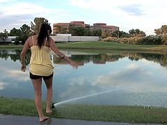 Gorgeous brunette Alexa getting naked outdoors