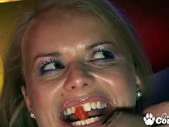 Big tits blonde Dora Venther blowing and banging huge cock in bar to get her face jizzed