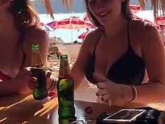 Girl flash tits while bfs are swimming for free drinks